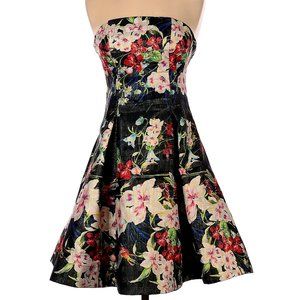 Nicole Miller New York Black Strapless Cocktail Dress with Floral Pattern